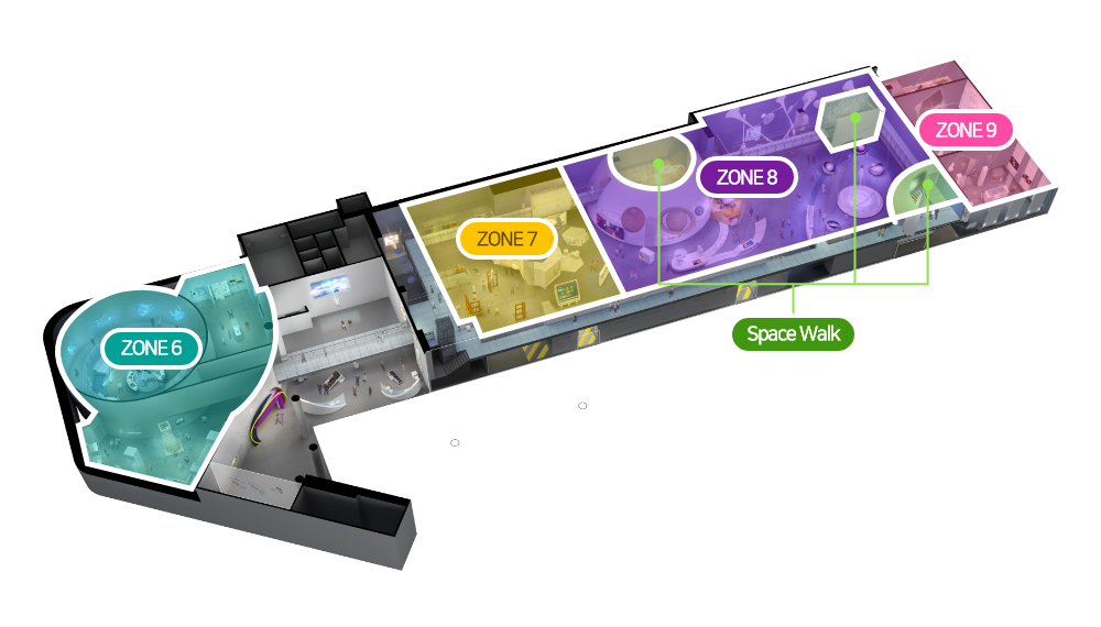 천문우주관 도면 - ZONE 6, ZONE 7, ZONE 8, ZONE 9, 스페이스 워크 등이 있습니다.