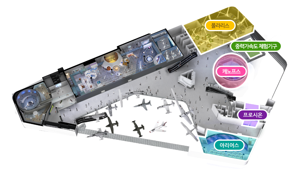 테마관 도면 - 폴라리스, 캐노프스, 아리어스, 프로시온, 중력가속도 체험기구 등이 있습니다.