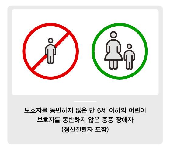 관람제한 표지판 그림 - 보호자를 동반하지 않은 만 6세 이하의 어린이 보호자를 동반하지 않은 중증 장애자 (정신질환자 포함)